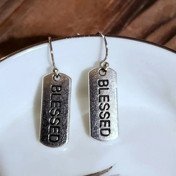 Handcrafted Blessed Inspirational Word Message Carved Silver Black Earrings - Picture 6 of 9